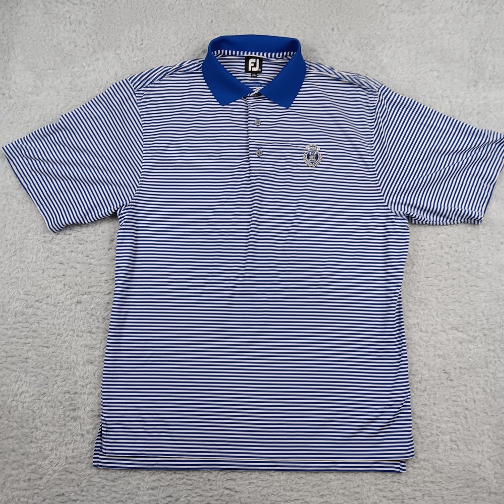 FootJoy Polo Shirt Mens Large Blue White Striped Performance Oaks Crest